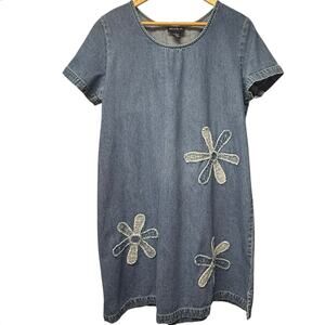 Vintage Blue J Denim Cotton Mini Dress Size Large Floral Appliques Short Sleeve